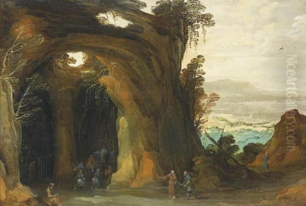 A Landscape With Pilgrims Attending Mass In A Grotto Oil Painting by Joos De Momper