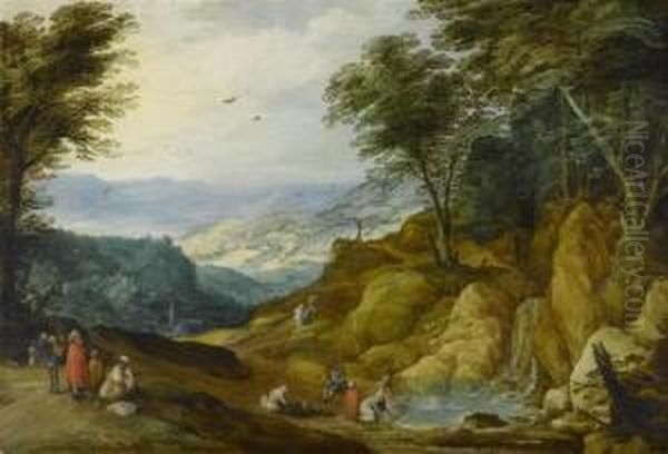 Broad Landscape With Washerwoman And Figures Resting Near A Waterfall. Oil Painting by Joos De Momper