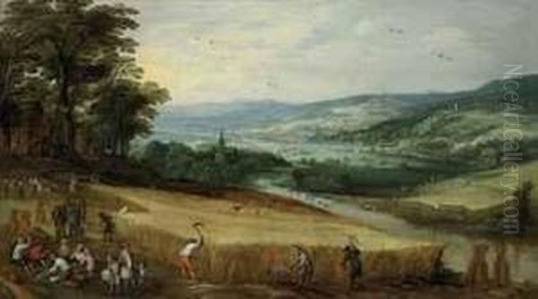 An Extensive Landscape With Harvesters Oil Painting by Joos De Momper