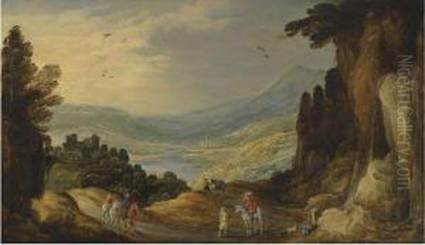 An Extensive River Landscape With Travellers On A Road Before Acastle Oil Painting by Joos De Momper