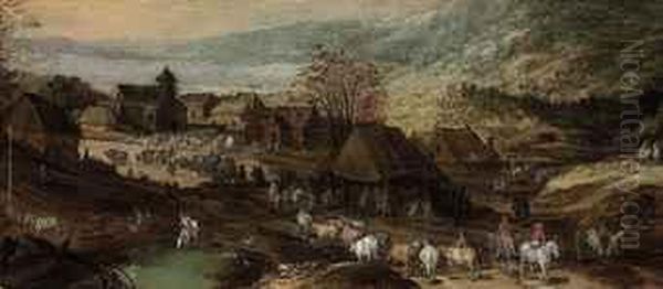 A Village With Figures, Cattle And Horses, Mountains Beyond Oil Painting by Joos De Momper