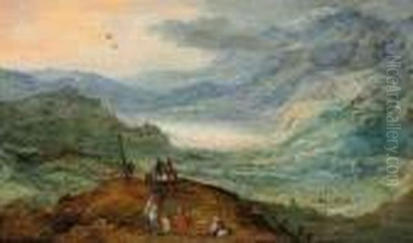 An Extensive Mountainous Landscape With Figures On A Path, A Rivervalley Beyond Oil Painting by Joos De Momper