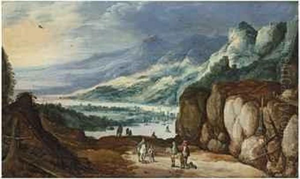 An Extensive River Landscape With Horsemen On A Path And Mountainsbeyond Oil Painting by Joos De Momper