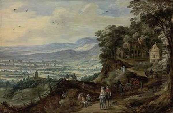 An Extensive Landscape With Travellers Near A Mountainvillage Oil Painting by Joos De Momper