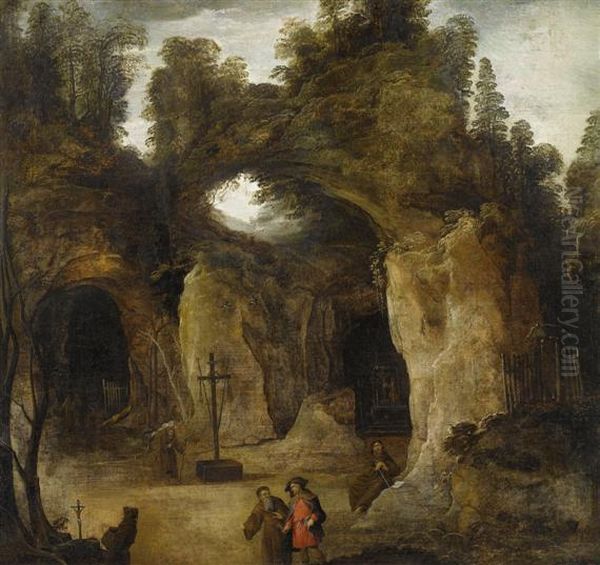 Grotto Landscape With Hermits Oil Painting by Joos De Momper