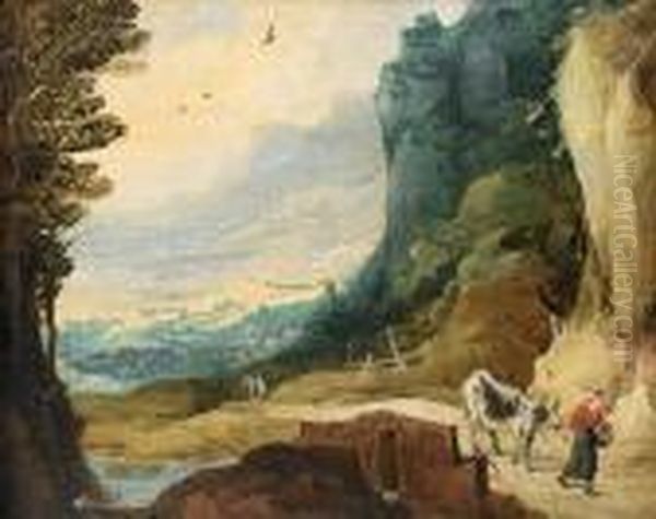 A Mountainous Landscape With A Woman Leading Abull On A Country Path Oil Painting by Joos De Momper