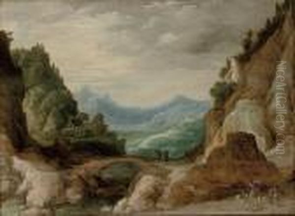 An Extensive Rocky Landscape With Travellers By A Bridge Oil Painting by Joos De Momper