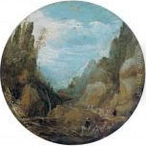 A Wooded Mountainous Landscape With Travellers On A Track Oil Painting by Joos De Momper