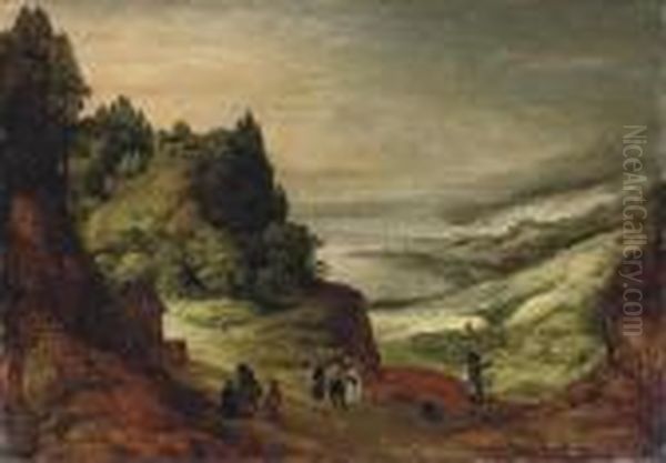 An Extensive Mountainous River 
Landscape With Figures Conversing On A Track, A Village Beyond Oil Painting by Joos De Momper