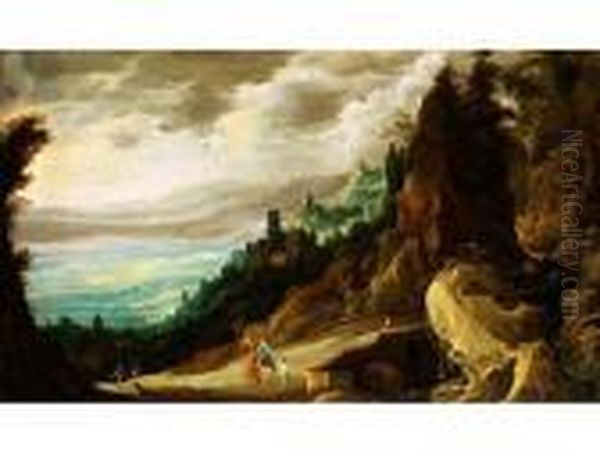 Felsige Gebirgslandschaft Mit Wanderern Oil Painting by Joos De Momper