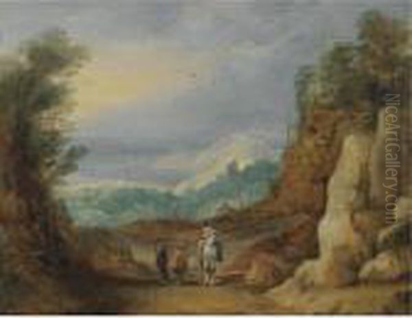 An Extensive Rocky Landscape With Two Monks And A Horseman In The Foreground Oil Painting by Joos De Momper