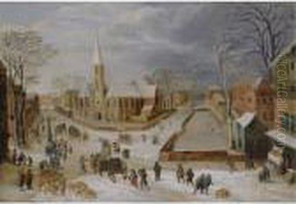 An Urban Winter Landscape With A Farrow Of Pigs In The Foreground Oil Painting by Joos De Momper