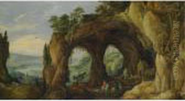 An Extensive River Landscape With Horsemen Before A Rocky Arch In The Foreground Oil Painting by Joos De Momper