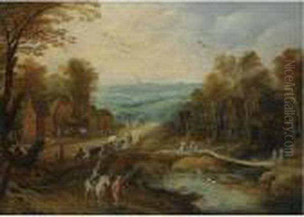 An Autumn Landscape With Travellers And Herdsmen On A Path, A Country Inn Beyond Oil Painting by Joos De Momper