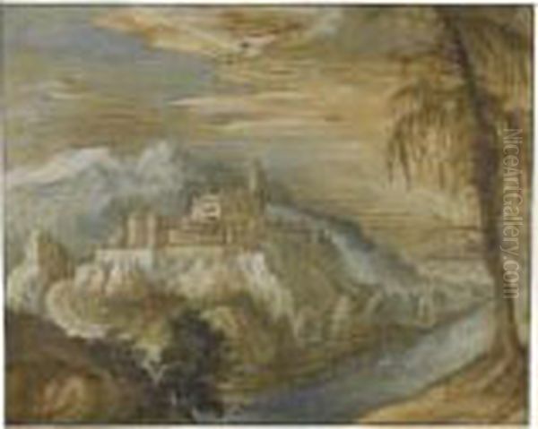 Mountainous River Landscape With A Fortified Town Oil Painting by Joos De Momper