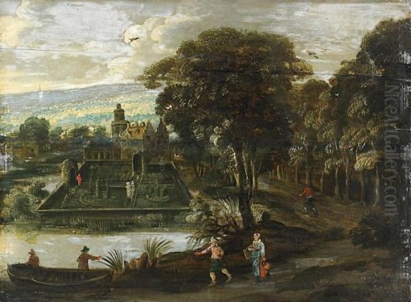 Waldlandschaft Mit Schloss Und Figurenstaffage Oil Painting by Joos De Momper