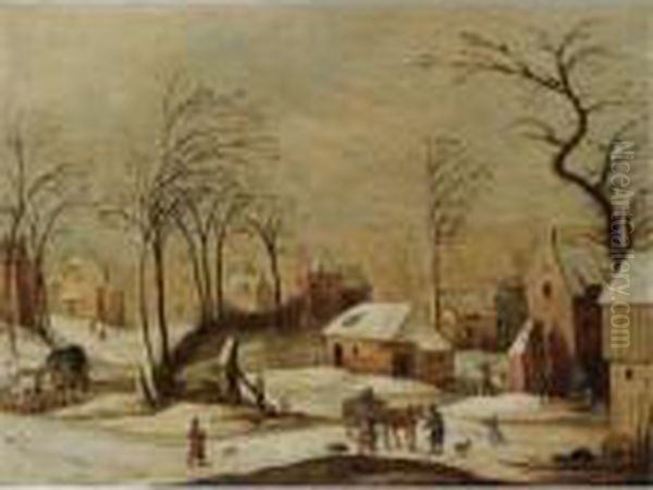 A Village Scene In Winter Oil Painting by Joos De Momper