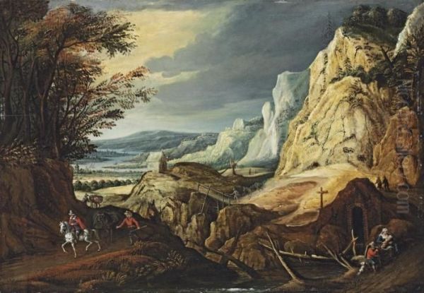 An Extensive Landscape With Travellers On A Path Oil Painting by Joos De Momper