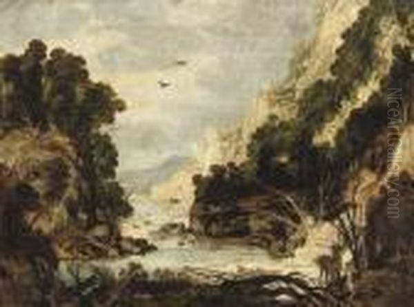 A Rocky River Landscape With Hunters And Deer Oil Painting by Joos De Momper