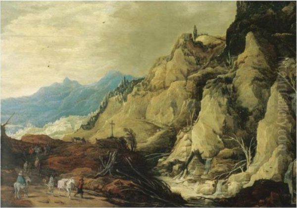 A Mountainous Landscape With Travellers On A Path By A Rockywaterfall Oil Painting by Joos De Momper