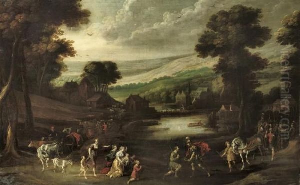 An Extensive Wooded Landscape With The Reconciliation Of Jacob And Esau Oil Painting by Joos De Momper