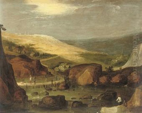 A Rocky River Landscape With Travellers Crossing A Bridge Oil Painting by Joos De Momper