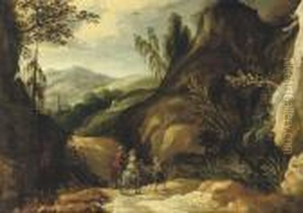 A Mountainous River Landscape With A Hunting Party Near Awaterfall Oil Painting by Joos De Momper