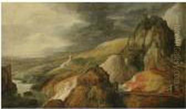 A Panoramic Mountainous Landscape Oil Painting by Joos De Momper