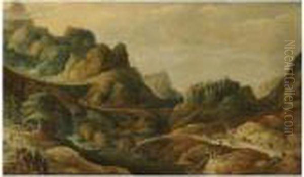 A Mountainous Landscape, With Many Figures On A Road Passing Alongeach Bank Of A River Oil Painting by Joos De Momper