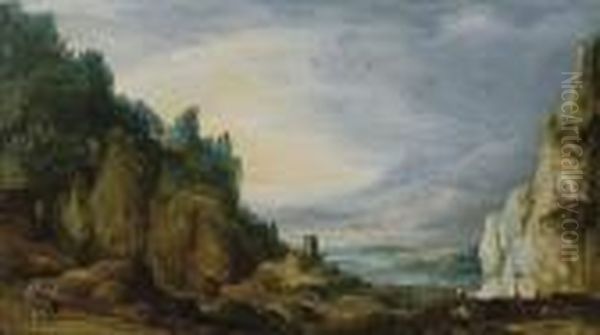 Paysage Montagneux Avec Un Village Et Des Voyageurs Oil Painting by Joos De Momper