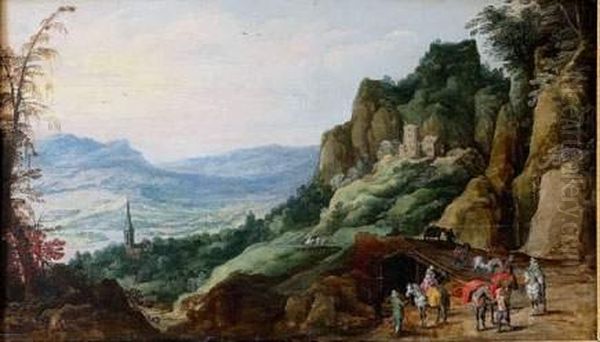 Vue D'une Vallee Animee De Muletiers Descendant De Lamontagne Oil Painting by Joos De Momper