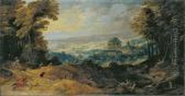 Gebirgslandschaft Mit Jager Vor Schloss Mariemont. Oil Painting by Joos De Momper