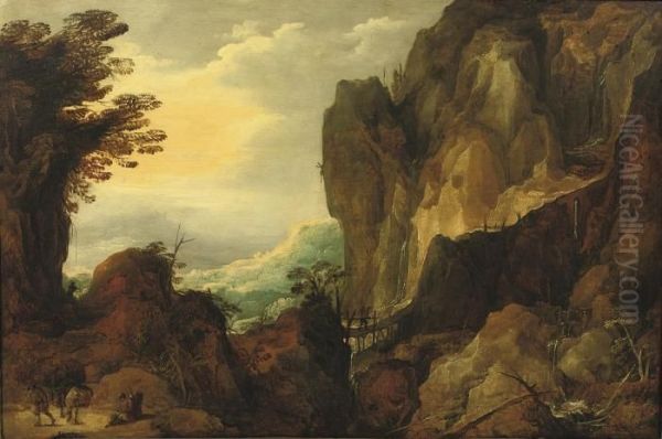 A Rocky Landscape With Travellers On A Path And Crossing A Bridge By A Waterfall Oil Painting by Joos De Momper