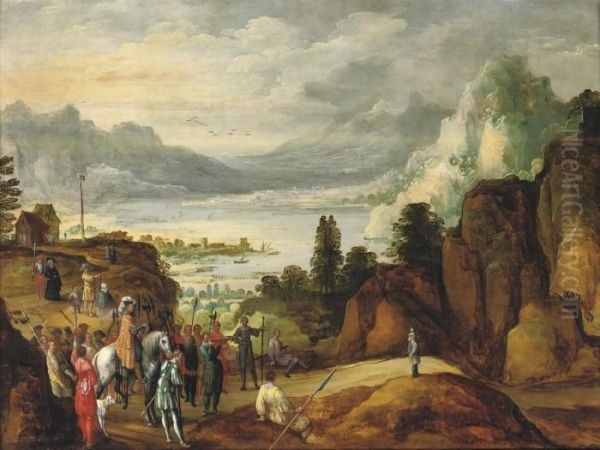 A Mountainous River Landscape With The Legend Of Wilhelm Tell Oil Painting by Joos De Momper