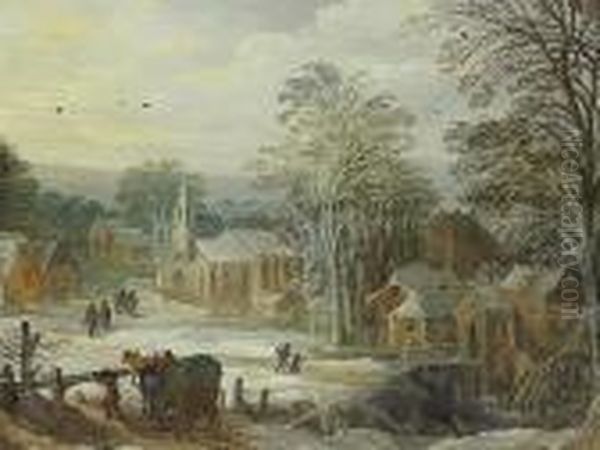 A Winter Landscape With Travellers Arriving At A Town Oil Painting by Joos De Momper