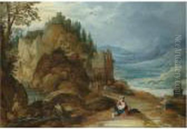 A Mountainous River Landscape With The Rest On The Flight Into Egypt Oil Painting by Joos De Momper