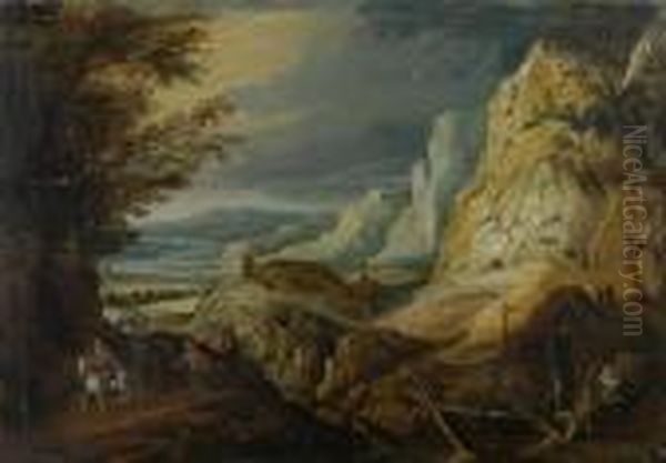 Berglandschaft Mit Wanderern. Oil Painting by Joos De Momper