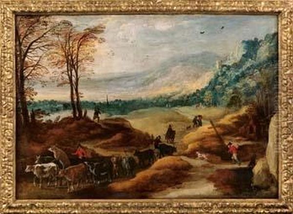 Paesaggio Montano Con Mandria E Viandanti Oil Painting by Joos De Momper