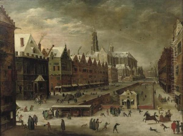 A Flemish Town In The Winter 
With Numerous Figures Near A Frozen Canal, A Cathedral Beyond Oil Painting by Joos De Momper