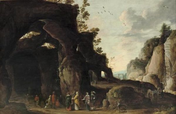 An Elegant Company Arriving At A
 Grotto Where A Religious Service Is Taking Place, A Rocky Landscape 
Beyond Oil Painting by Joos De Momper