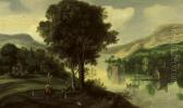 A Wooded River Landscape Oil Painting by Joos De Momper