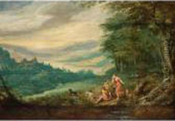 Venus Mourning Adonis In A Panoramic Wooded Landscape Oil Painting by Joos De Momper