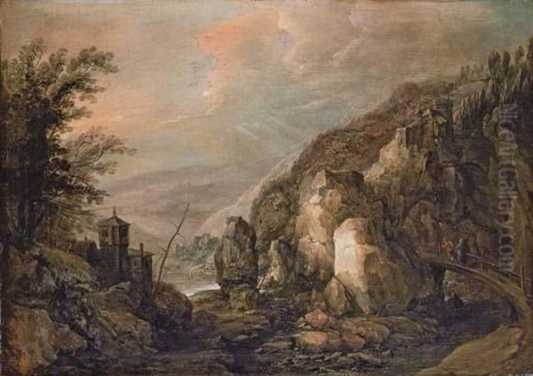 An Extensive Rocky Landscape With Peasants Crossing A Bridge, A Fortified Tower Beyond Oil Painting by Joos De Momper