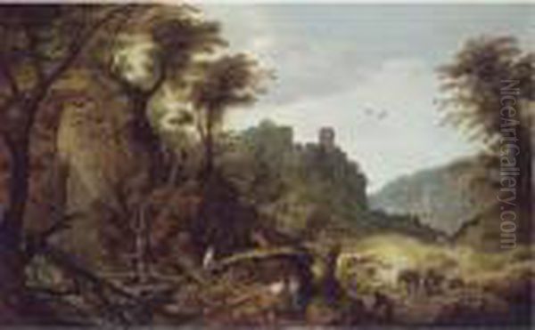 A Mountainous Landscape With Foresters, A Clifftop Castle Beyond Oil Painting by Joos De Momper