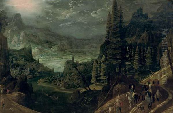 An Extensive Wooded Landscape With Travellers On A Path by Joos De Momper