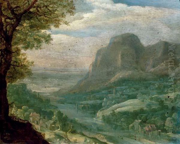 An Extensive, Mountainous River 
Landscape With A Herdsman Resting On A Path, Villages Beyond Oil Painting by Joos De Momper