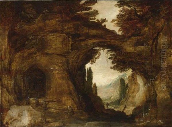 Monks Praying In A Grotto Oil Painting by Joos De Momper