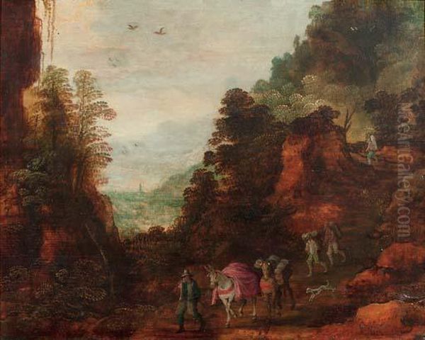 A Rocky Wooded Landscape Oil Painting by Joos De Momper