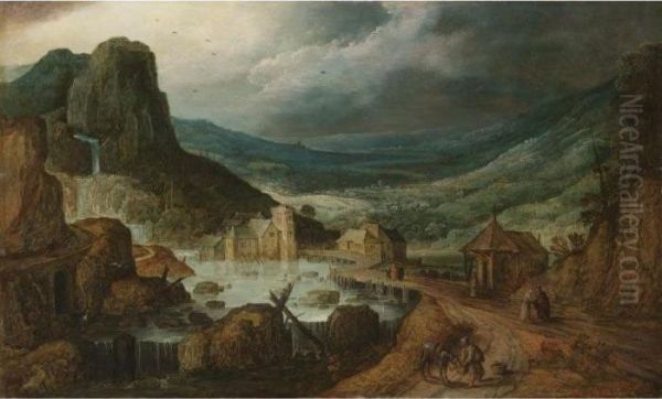 A Mountainous Landscape With A 
Wooden Bridge Crossing A River, And A Monk Feeding His Donkey Oil Painting by Joos De Momper