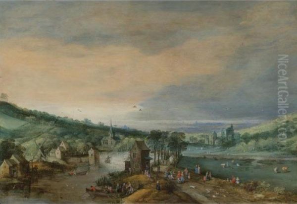 A River Landscape With Figures On A Road Passing A Town, And A Distant View Of The Sea Oil Painting by Joos De Momper